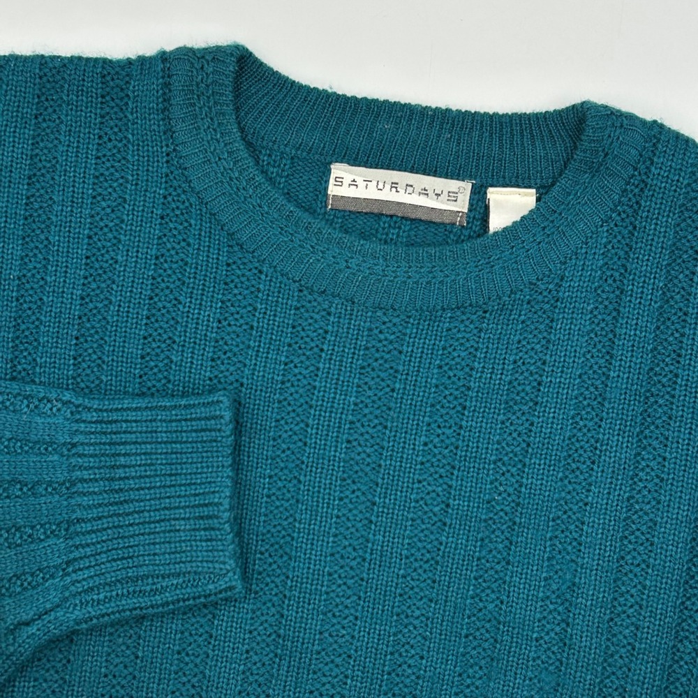 VTG Saturdays Teal 90s Mens Knit Sweater Crew Neck‎ Long Sleeve Pullover Size M